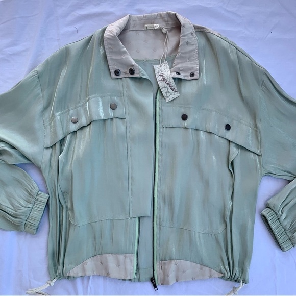 Mystree Satin Zip Up Jacket in Sage Green with Sparkly Gold Stars - Picture 9 of 10